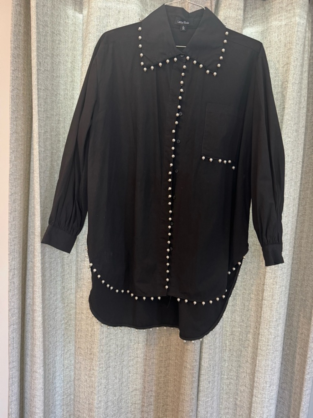 Black Pearl-Trim Button-Up Blouse